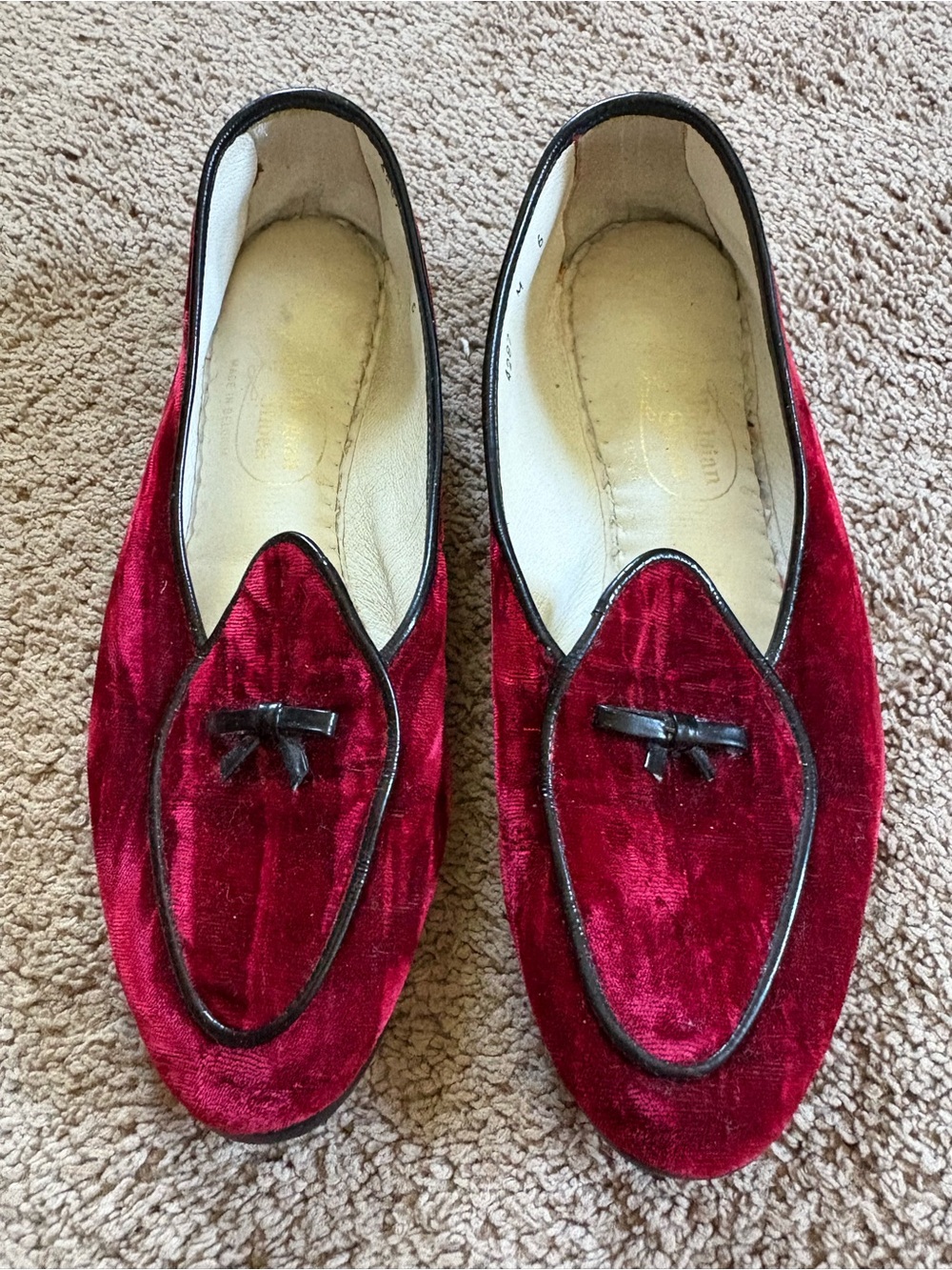 Hand made, Belgian, Red Velvet Women's Loafers